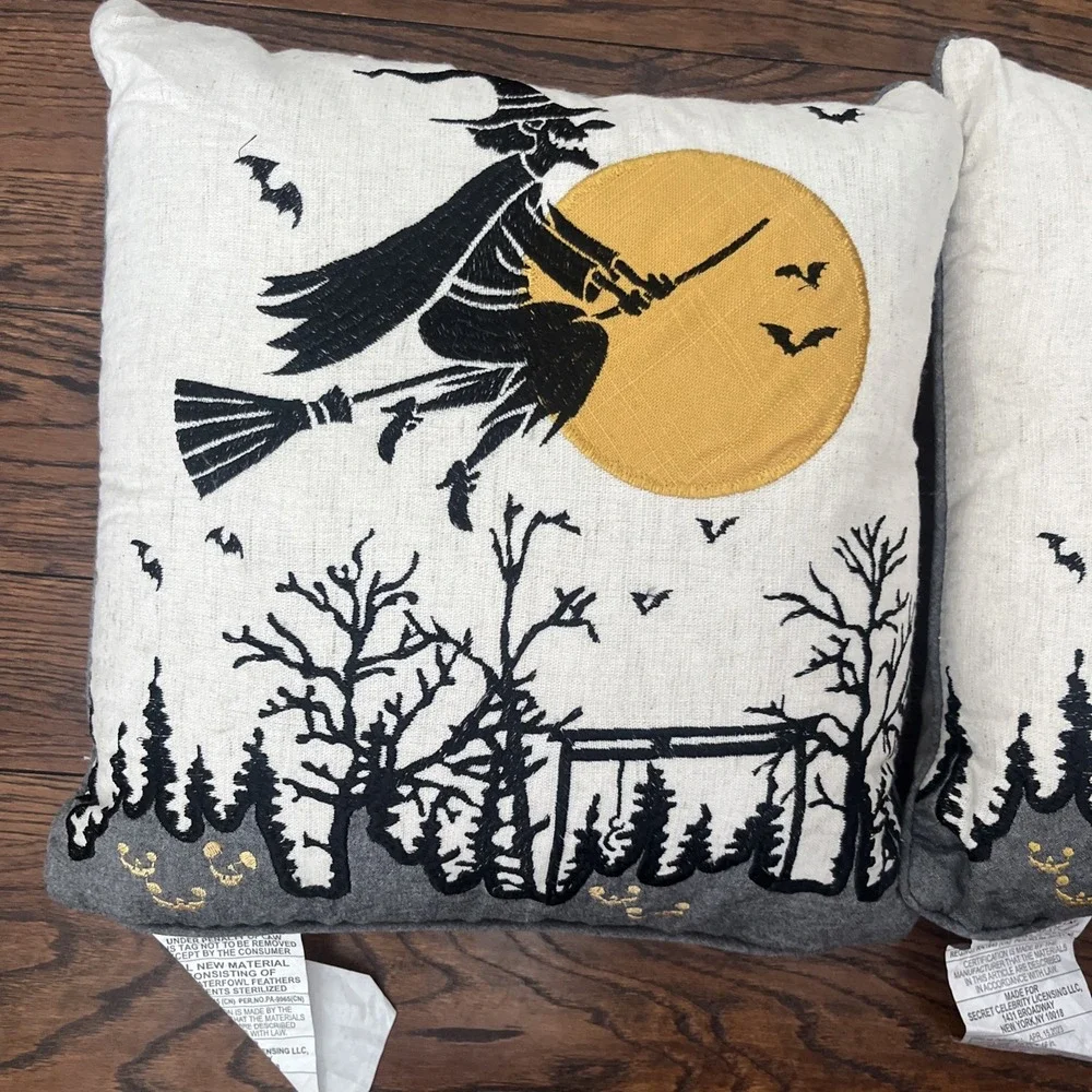 Lot Of 2 Witch Riding Broom Halloween Throw Pillows Spooky Decor 15